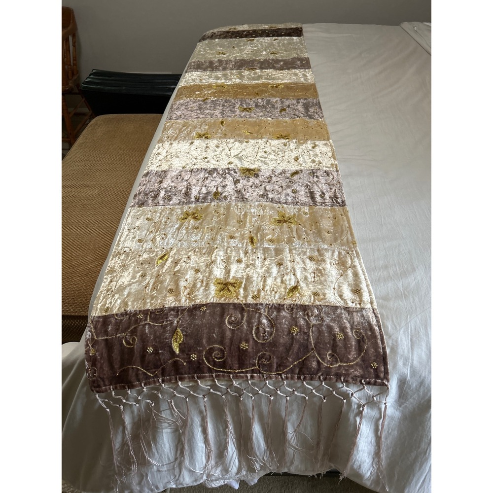 Neiman Marcus Velvet Beaded Bed Runner Gold Champagne Fringe 19x88 Full Queen
